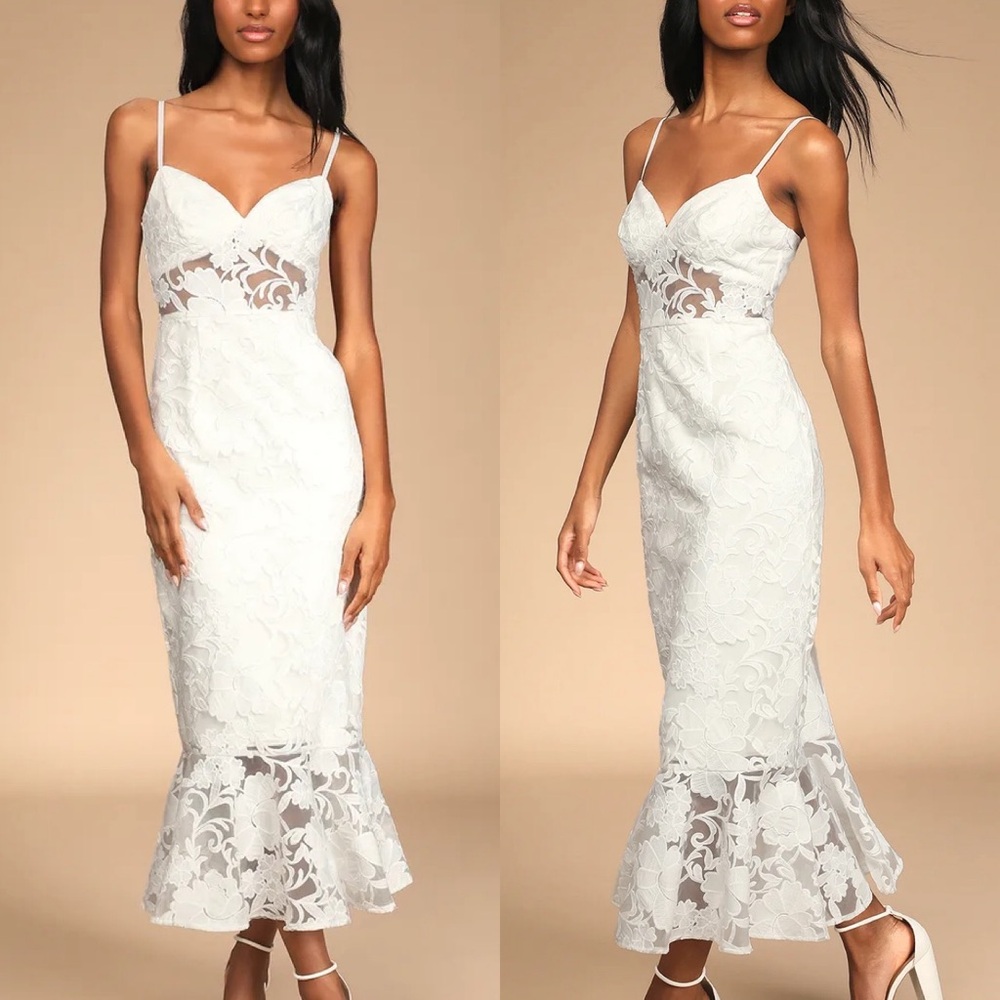 Lulu’s Definition of Romance Ivory Lace Trumpet Midi Dress